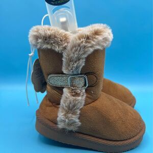 Brown Fur Suede Boots Size 4 Sparkle Buckle, First Steps